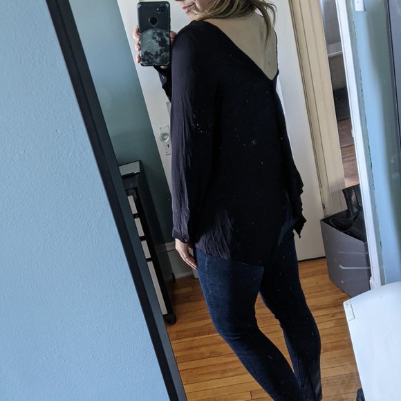 3/$30 Club Monaco Silk Deep V Back Blouse - Black - Picture 9 of 9